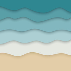Beach paper cut background. Blue sea waves and sand background.