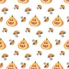 Watercolor seamless pattern with orange pumpkins and evil mushrooms on a white background. Great for packaging design, textiles and printing for the celebration of Halloween