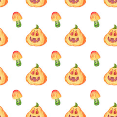 Watercolor seamless pattern with orange pumpkins and mushrooms on a white background. Great for packaging design, textiles and printing for the celebration of Halloween