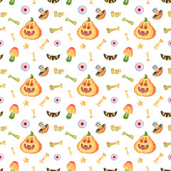 Watercolor seamless pattern with orange pumpkins and mushrooms, mushrooms, bones, eyes, stars and boo inscription on a white background. Great for packaging design, textiles 