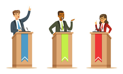 Young Politician Male And Female Speakers Behind Rostrum In Debates Vector Illustration Set Isolated On White Background