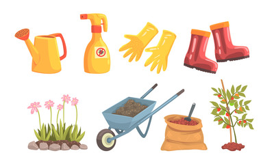 Garden Tools And Equipment For Plant Trees And Flowers Vector Illustration Set Isolated On White Background