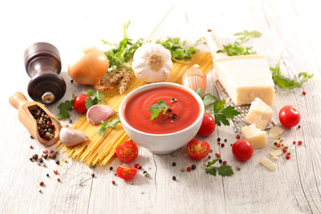 tomato sauce with ingredient, spaghetti, parmesan and spices