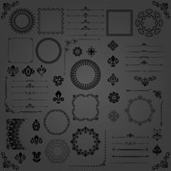 Vintage set of horizontal, square and round elements. Different elements for design, frames, cards, menus, backgrounds and monograms. Classic dark patterns. Set of vintage patterns
