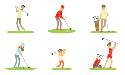 Different People Characters Playing Golf Outdoor Vector Illustration Set Isolated On White Background