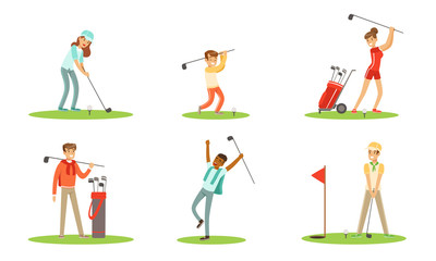 Fototapeta na wymiar Collection Of Golf Players Characters In Different Actions Outdoor Vector Illustration Set Isolated On White Background