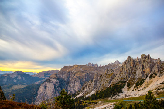 Cirspitzen at sunset at the Gardena Pass (Passo Gardena) near Val Gardena, Dolomites, south Tirol Italy.