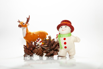 Festive christmas background with presents and reindeer and snowman