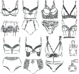 set fashion bra isolated, lingerie, underwear, ink