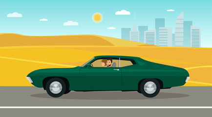 Fototapeta na wymiar A man and a woman ride in a classic car along the desert road. Vector illustration.