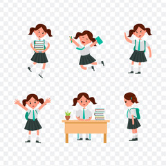 cute children go to school. A student with a bag, books, pencils returns to school. Set of cute school kids. Set of girls with school supplies. Education vector. transparent