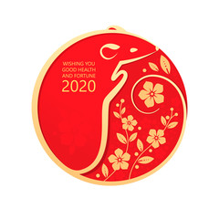 2020 Chinese New Year greeting card with rat silhouette, flowers, gold on red. Eps 10 vector illustration. Flat style design. Concept for holiday banner, decor element. 
