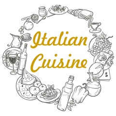 Italian cuisine frame. Hand drawn sketch style vector illustration. A set of Italian dishes with pasta, pizza, cheese, olives etc. Restaurant menu design template