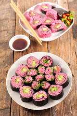 vegan sushi with rice, avocado and beetroot