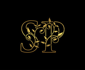 Golden letter S and P, SP vintage decorative ornament emblem badge, overlapping monogram logo, elegant luxury gold color on black background.