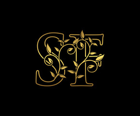 Golden letter S and F, SF vintage decorative ornament emblem badge, overlapping monogram logo, elegant luxury gold color on black background.