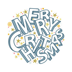 Merry Christmas. Christmas holidays hand drawn congratulations vector illustration. Sketch drawing isometric letters “Merry Christmas” with doodle decoration. Part of set.