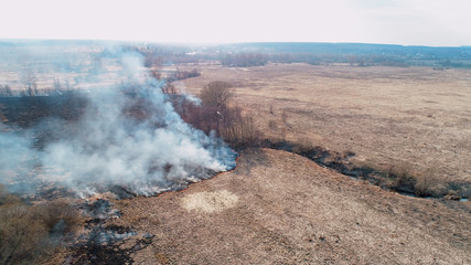 Forest and field fire. Dry grass burns, natural disaster. Aerial view.