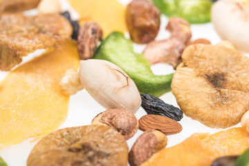 close up view of Turkish assorted nuts, dried fruits and candied fruit isolated on white
