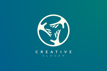 Vector design of a combination of circle letters with three hands reaching together.