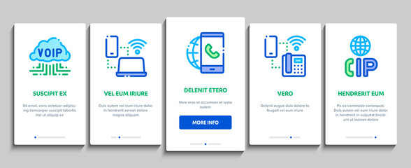 Voip Calling System Onboarding Mobile App Page Screen Vector Thin Line. Server For Voice Ip And Cloud, Smartphone And Phone, Wifi Mark And Headphones Concept Linear Pictograms. Contour Illustrations