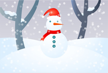 Paisaje nevado con muñeco de nieve.