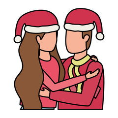 young lovers couple with christmas hat characters