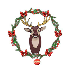 Christmas wreath with a cute deer in the center in doodle style on a white background