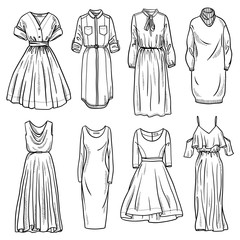 Sketches collection of women's dresses. Hand drawn vector illustration. Black outline drawing isolated on white background