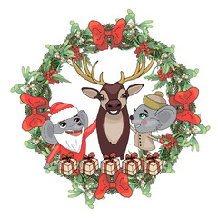 Christmas wreath with a cute deer in the center in doodle style on a white background