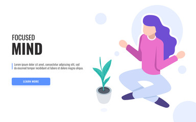 Focused Mind concept. Woman meditating in lotus position. Web banner, infographics. Isometric vector illustration.