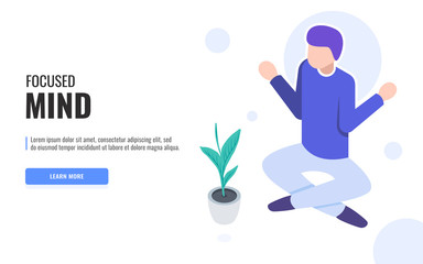 Focused Mind concept. Man meditating in lotus position. Web banner, infographics. Isometric vector illustration.