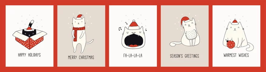 Foto op Plexiglas Illustraties Verzameling van handgetekende kerstkaarten met schattige katten in Santa Claus-hoeden, citaten. Vector illustratie. Lijntekening. Ontwerpconcept voor vakantie afdrukken, uitnodigen, banner, cadeau-tag.