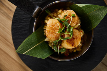 top view of delicious grilled scallops with green leaves and microgreens on wooden table