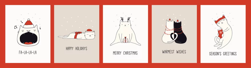 Sierkussen Verzameling van handgetekende kerstkaarten met schattige katten in Santa Claus-hoeden, citaten. Vector illustratie. Lijntekening. Ontwerpconcept voor vakantie afdrukken, uitnodigen, banner, cadeau-tag. © Maria Skrigan