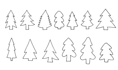 Set of hand drawn christmas tree. Doodle pine and fir. 
