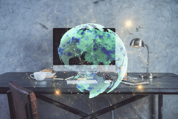 Computer on desktop with social network theme icon. Multi exposure. Concept of international connections.