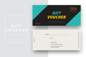 Abstract gift voucher card template. Modern discount coupon or certificate layout with geometric shape pattern. Vector fashion bright background design with information sample text.