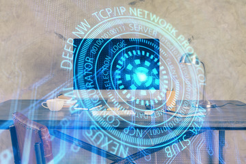 Technology theme drawing and table with computer. Double exposure. Concept of information.