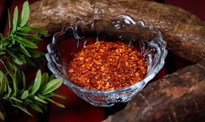 Sri Lankan Spices, Chilli powder in glass bowl, village food, manchokka