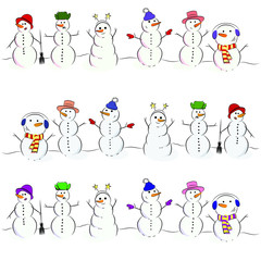 A lot of snowmen in different outfits with carrot noses. Snowmen in funny hats.