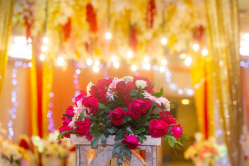Colorful lighting with Flower brusts at wedding decoration in Bangladesh.