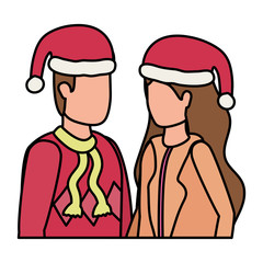 young lovers couple with christmas hat characters