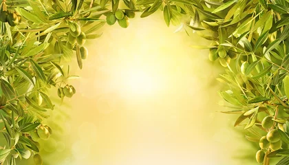 Poster Beautiful background with olives at sunrise in garden. Olives branches on olive tree on yellow background. © Tatyana Sidyukova