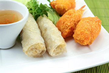 crab claw donuts and spring rolls