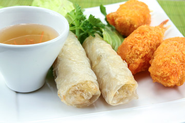 crab claw donuts and spring rolls