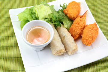 crab claw donuts and spring rolls