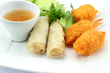 crab claw donuts and spring rolls