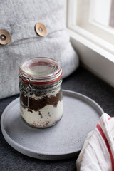 Vegan Chocolate brownie ingredients in a glass jar