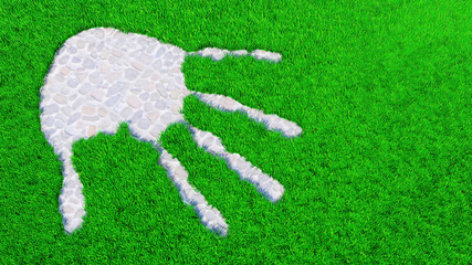 Concept or conceptual stone paving  handprint on grass background.  A metaphor for ecology, environment, recycle, nature conservation, spring or protection against global warming 3d illustration